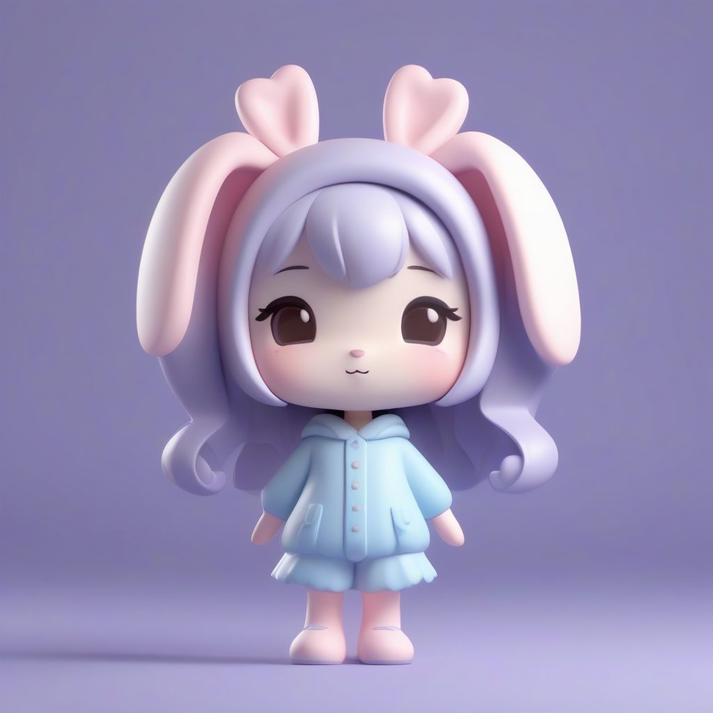 抱抱巨型马卡龙：害羞的Q版睡衣兔耳娘，奶油色3D渲染，纯色背景