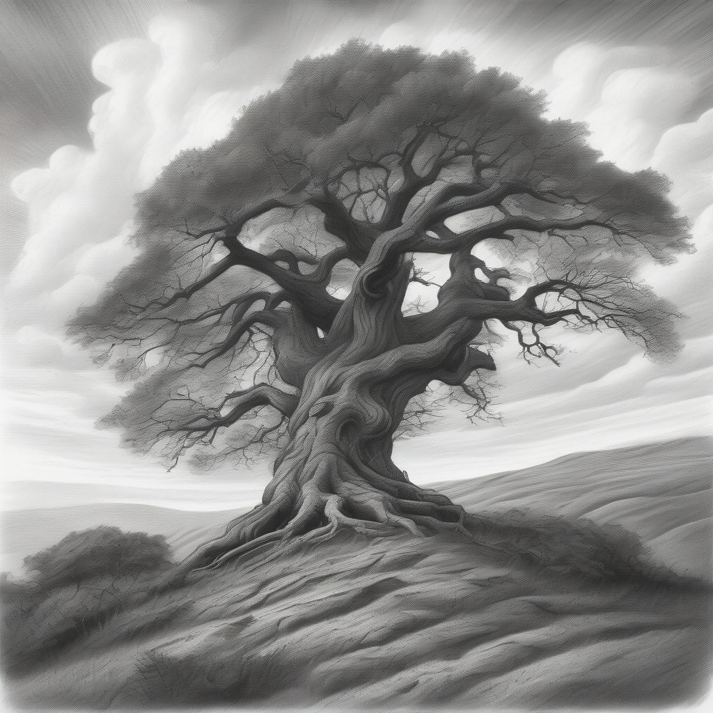 暴风雨中的橡树：黑白大气透视木炭插画AI提示词