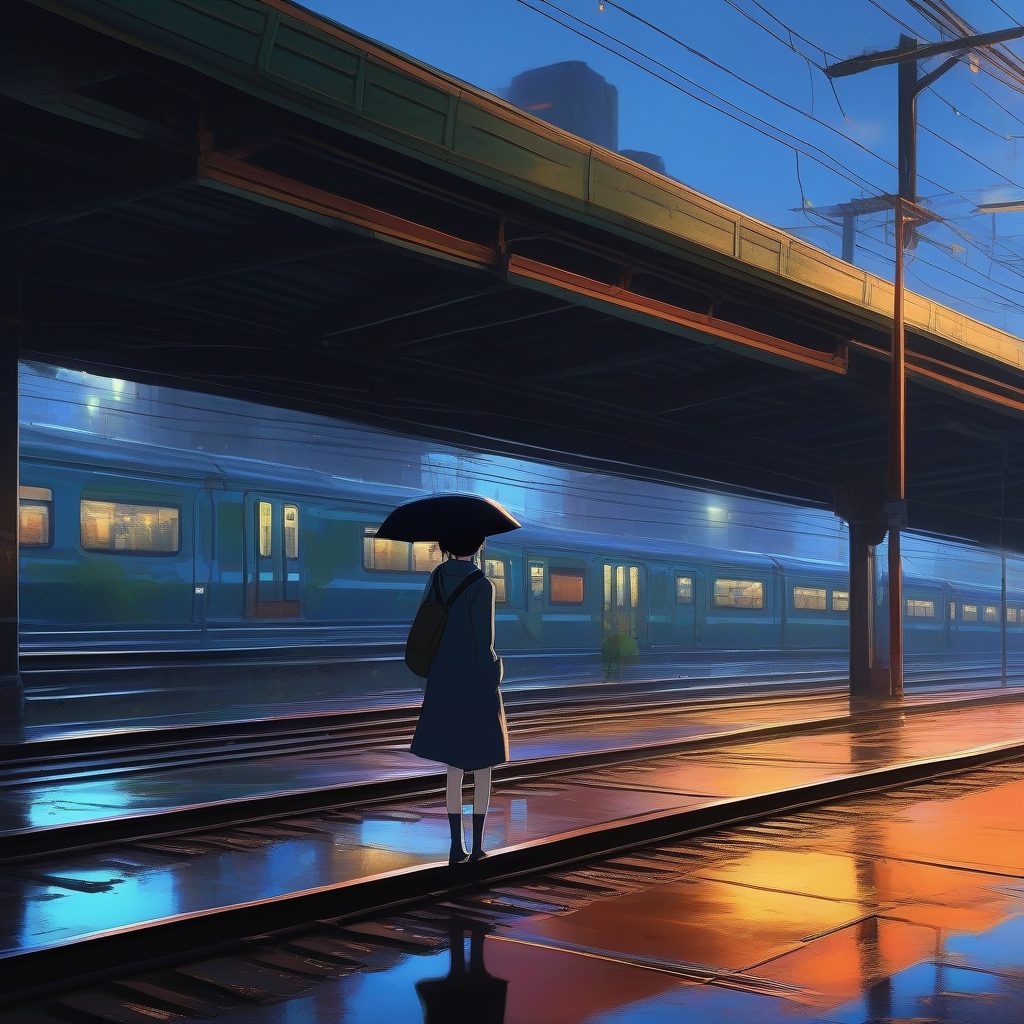 爆款AI插画教程：日系治愈系雨景人像提示词，复古火车道与鲜艳色彩的融合