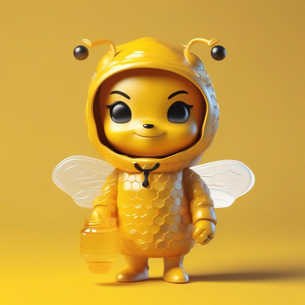 抱蜜罐Q版蜜蜂：粘土材质全身手办，纯金色背景Octane渲染