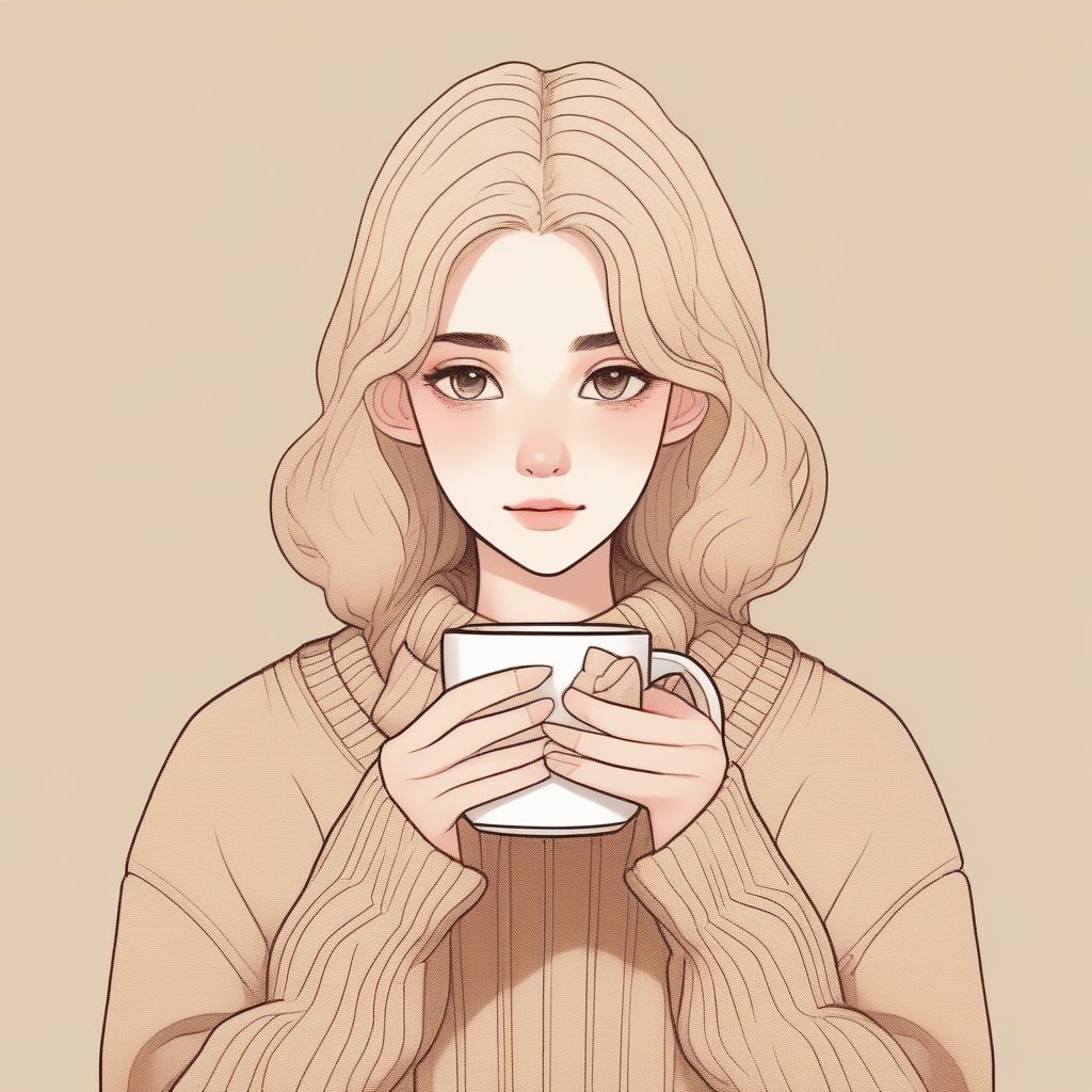 抱着马克杯的米色调少女：赛璐珞风格的舒适特写