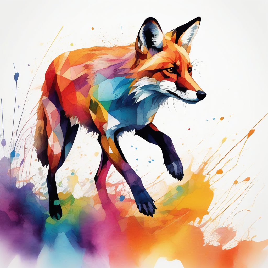 奔跑的几何狐狸：动态线条与彩虹水彩的融合