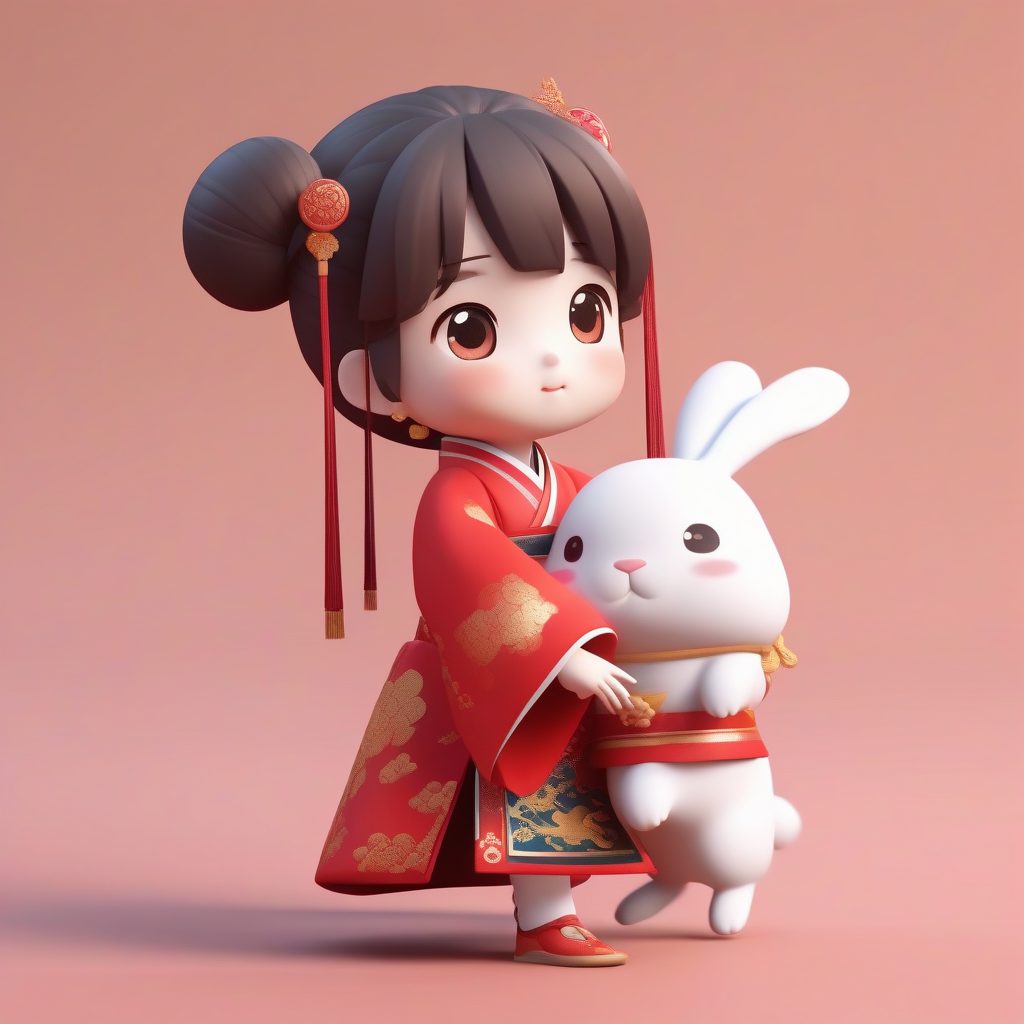 蹦跳的明制袄裙:3D立体Q版汉服小女孩与小兔玩偶全身模型