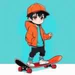 扁平化Q版滑板少年 极简可爱漫画风格AI插画 2 bian ping hua q ban hua ban shao nian ji jian ke ai man hua feng ge ai cha hua