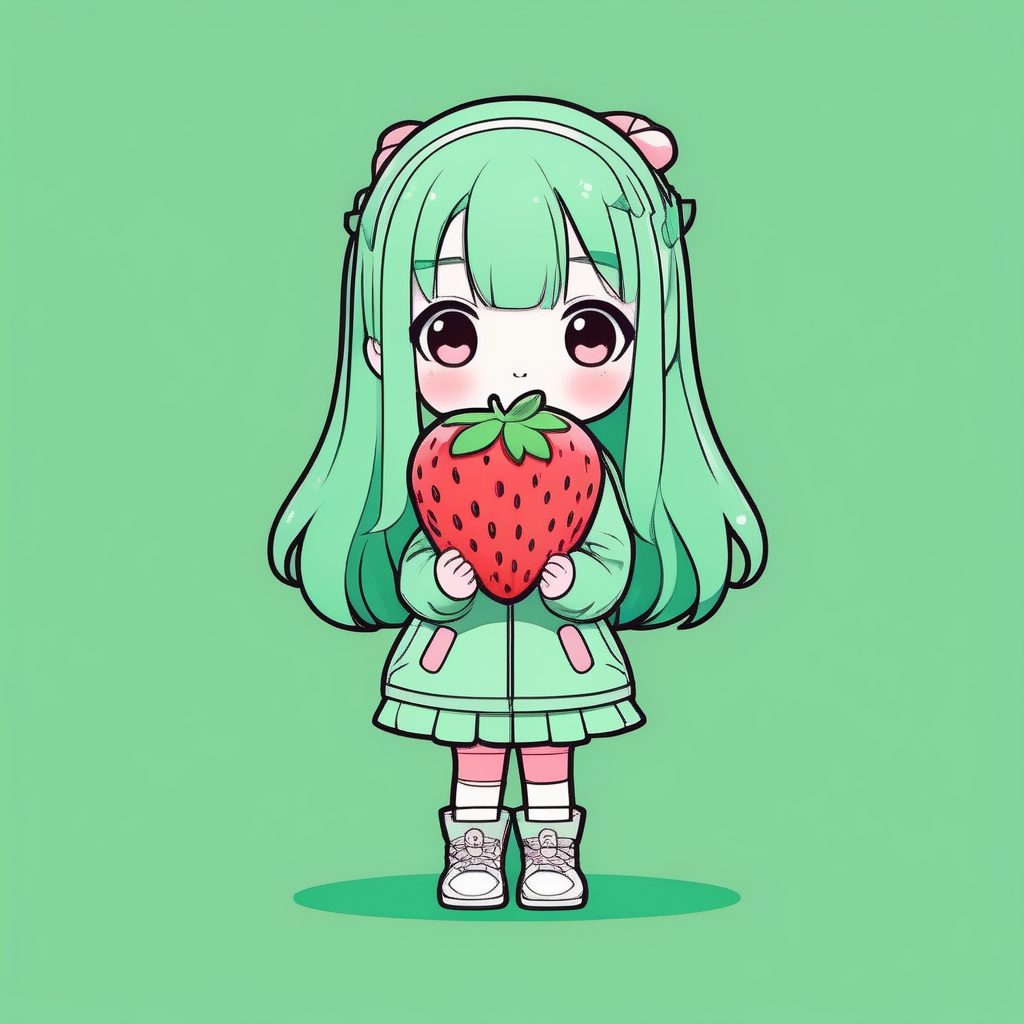 扁平化矢量艺术Q版吃货女孩：高对比度厚轮廓立绘提示词