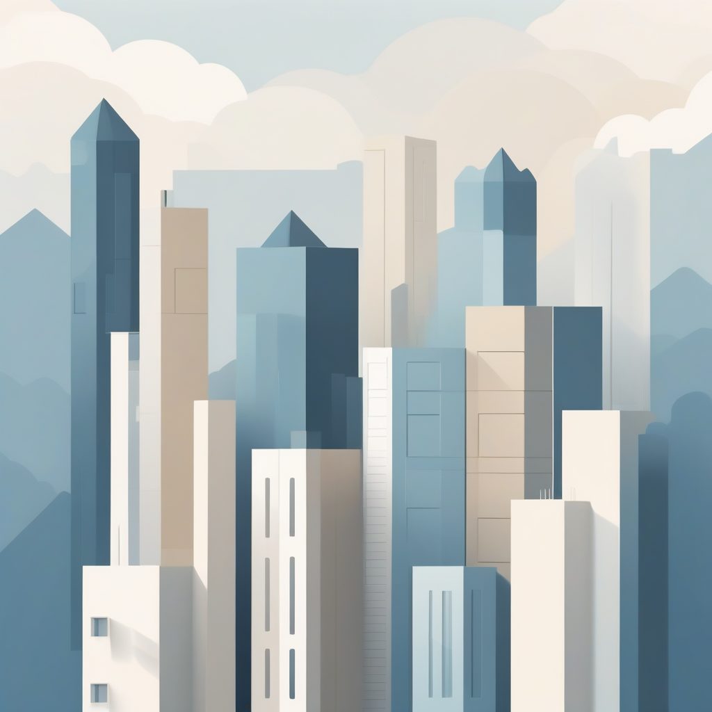 扁平向量风格的抽象概念建筑插画：柔和蓝灰调