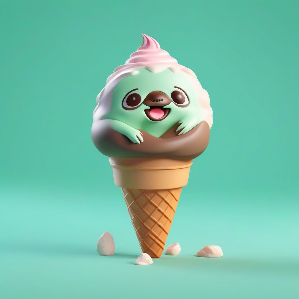 冰淇淋甜筒树懒：3D盲盒全身站立图，薄荷绿色背景