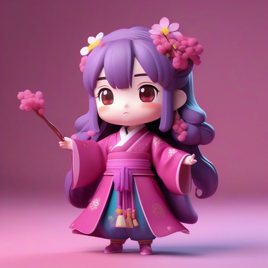 冰糖葫芦Q版汉服：唐制齐胸襦裙3D渲染，夸张可爱设计，洋红色调