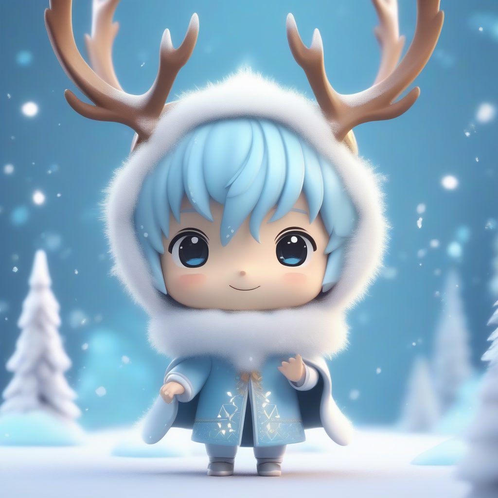 冰雪魔法Q版麋鹿少年：水晶鹿角与毛边披肩全身图