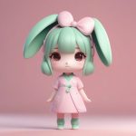 薄荷绿兔年主题旗袍Q版手办:3D粘土高抛光渲染,粉色纯净背景 5 bo he lyu tu nian zhu ti qi pao q ban shou ban 3d nian tu gao pao guang xuan ran fen se chun jing