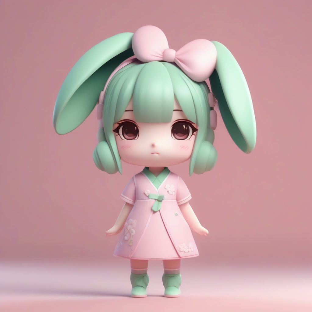 薄荷绿兔年主题旗袍Q版手办：3D粘土高抛光渲染，粉色纯净背景