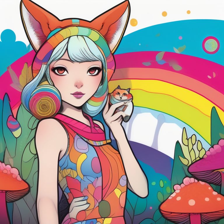 波普艺术猫耳少女与彩虹狐狸