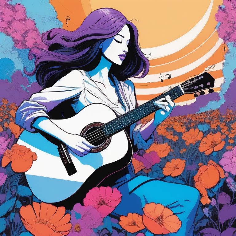 波普艺术少女在盛开花海中弹吉他