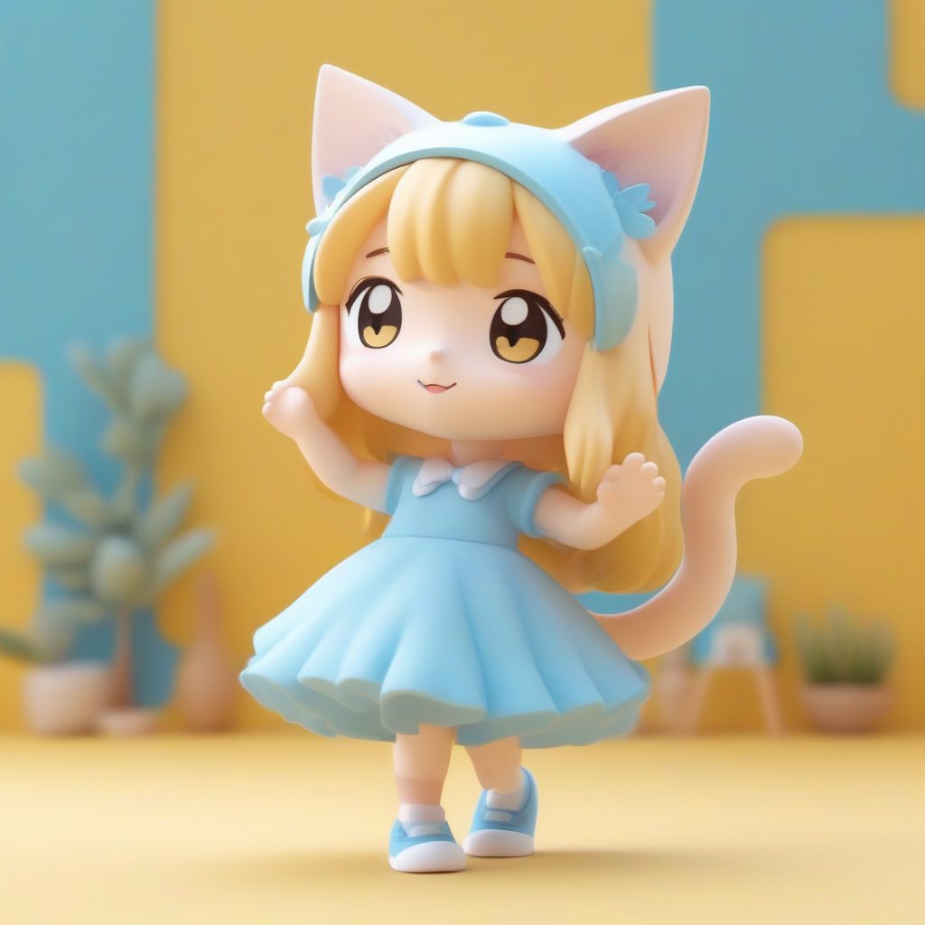 C4D高光Q版猫耳女孩：全身站立3D盲盒手办渲染，柔和纯黄背景AI提示词