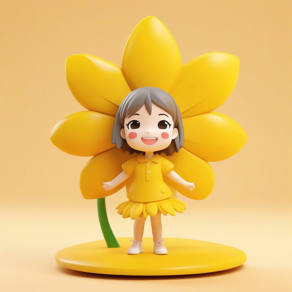 C4D高光向日葵女孩：活泼可爱Q版全身图，简单亮黄色背景AI提示词