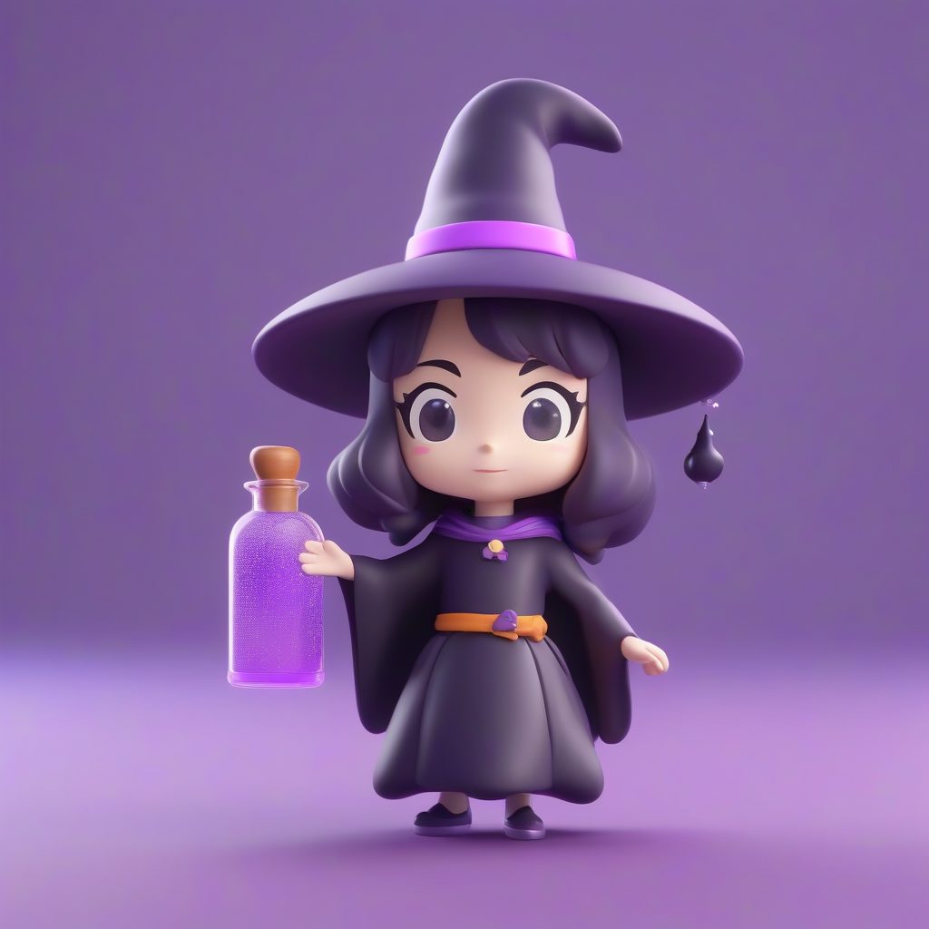 C4D高抛光魔法药水Q版女巫：紫色纯色背景全身照