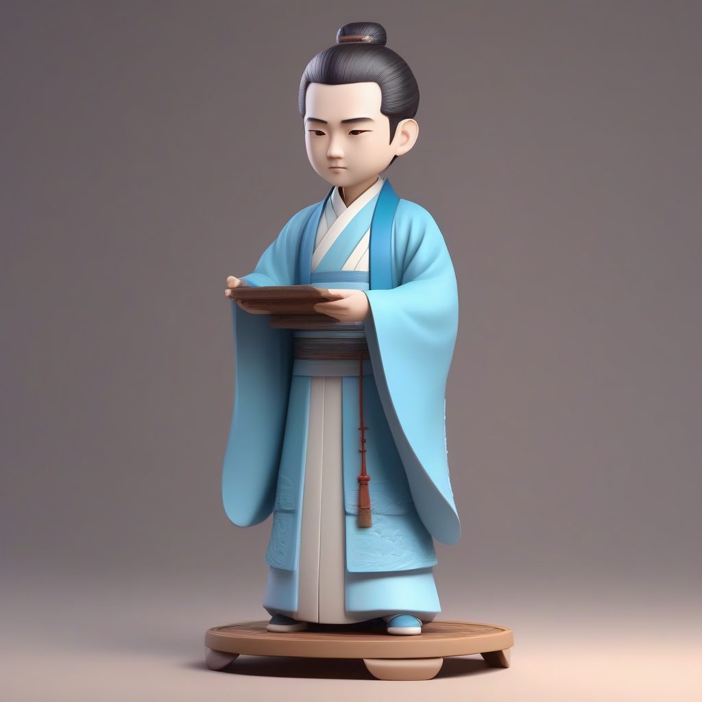 C4D高抛光Q版古风书生：粘土材质盲盒手办，浅蓝色汉服全身像