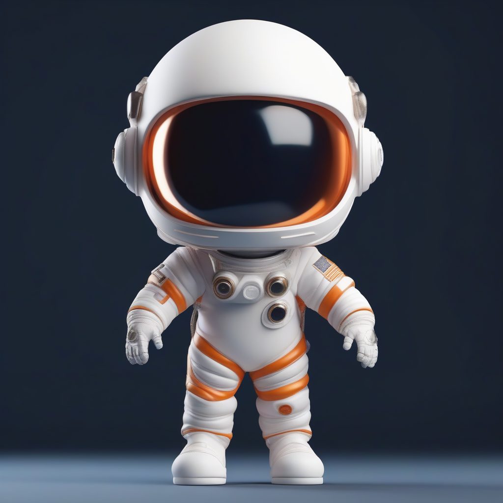 C4D高抛光Q版宇航员：3D粘土盲盒全身站立渲染，深空蓝背景提示词