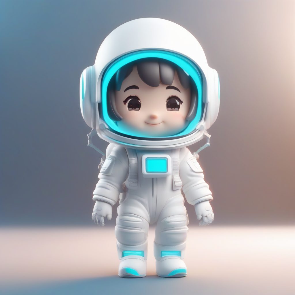 C4D高抛光Q版宇航员女孩：3D盲盒手办全身渲染，纯色背景AI提示词