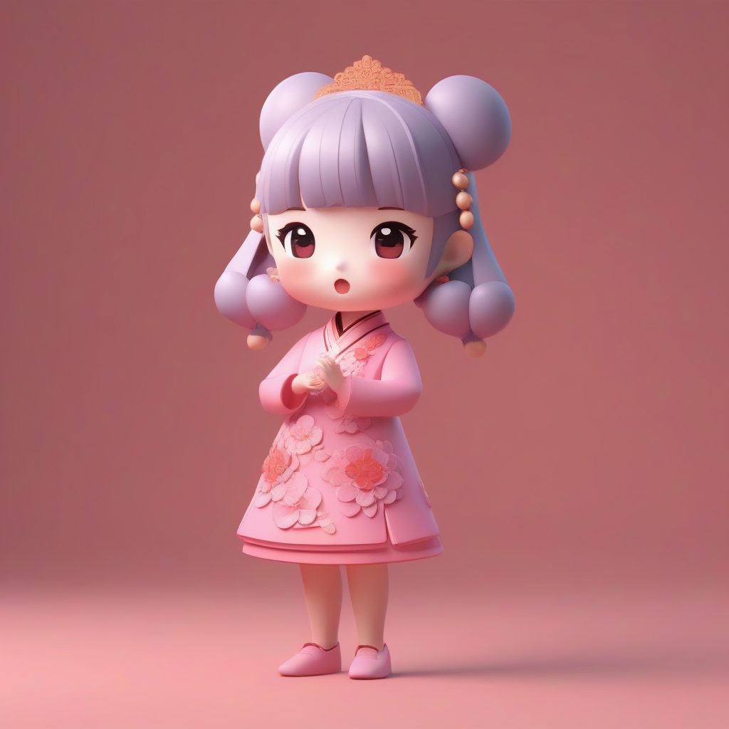 C4D光线追踪：甜蜜粉色花卉旗袍Q版送飞吻