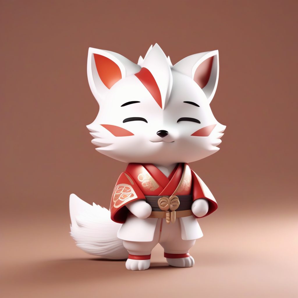 C4D建模Q版九尾狐仙：站立全图，毛绒细节，金色纯色背景