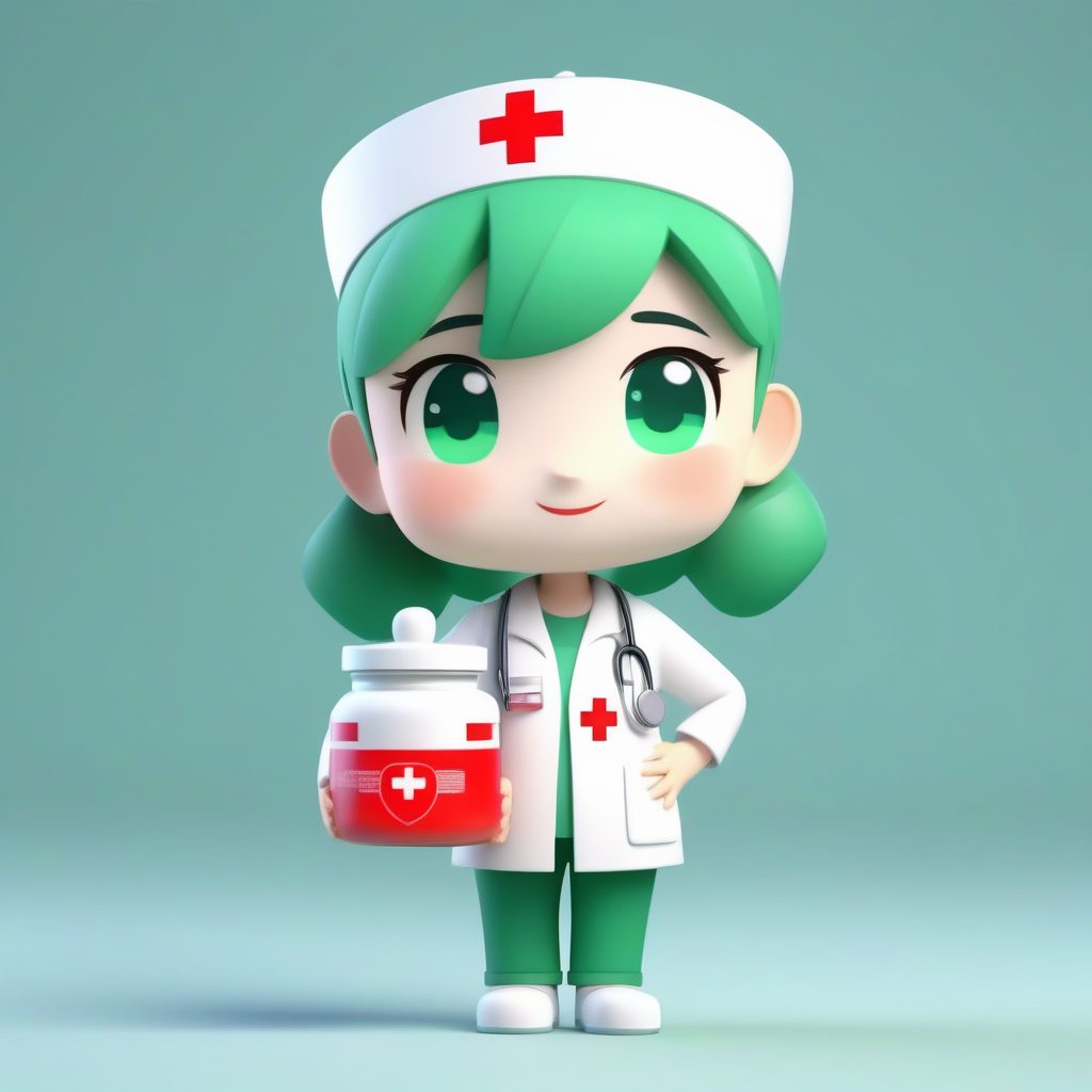 C4D卡通风：Q版护士送药丸，捧着超大药罐子