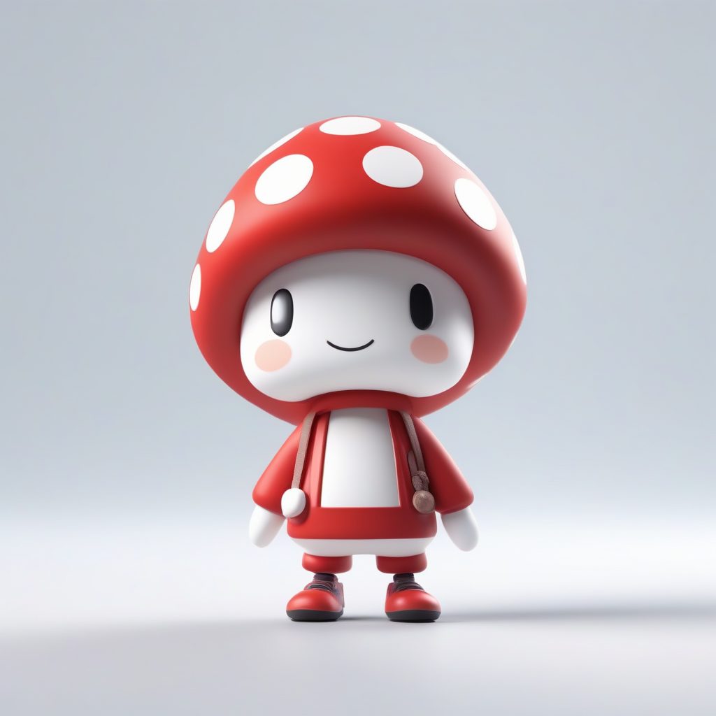 C4D盲盒风格Q版蘑菇精灵:3D粘土全身站姿,高抛光渲染AI提示词 43 C4D盲盒风格Q版蘑菇精灵:3D粘土全身站姿,高抛光渲染AI提示词