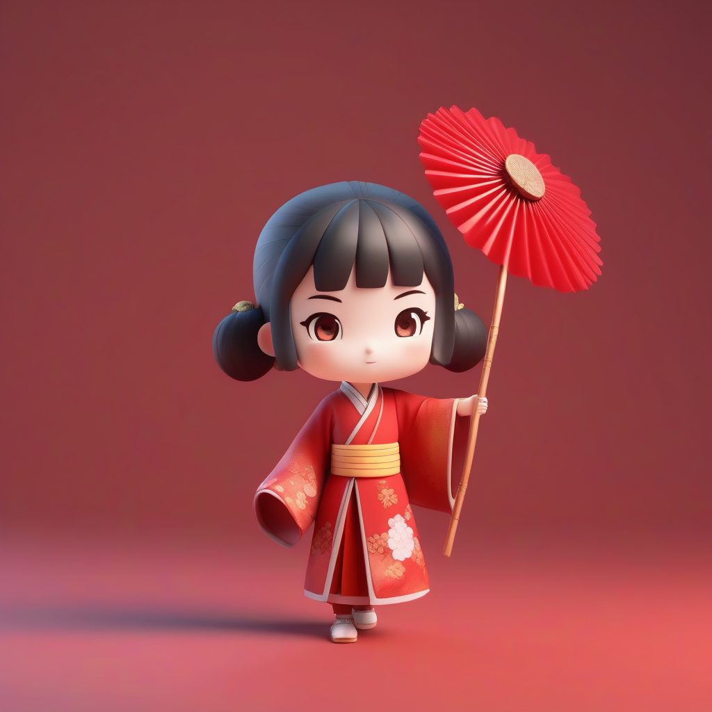 C4D盲盒:活泼Q版汉服小女孩,手持红扇站立渲染 1 C4D盲盒:活泼Q版汉服小女孩,手持红扇站立渲染