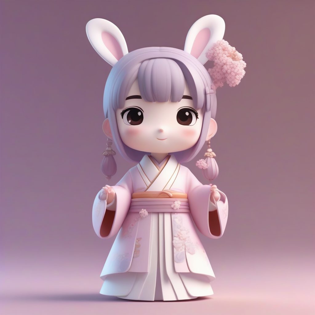 C4D盲盒Q版汉服少女：粉色月下拥抱白兔全身站立照