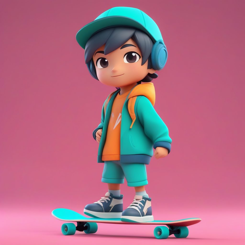 C4D盲盒系列：3D粘土质感Q版滑板男孩全身像AI提示词
