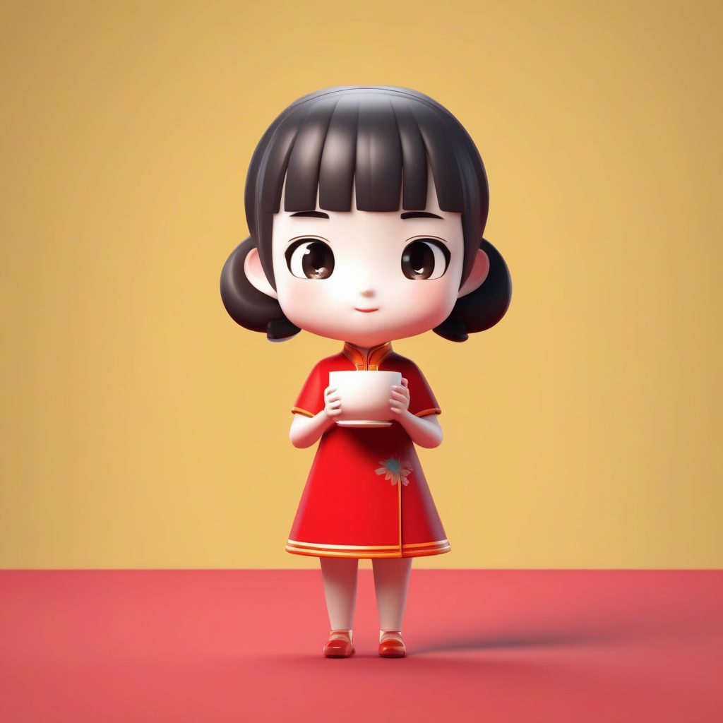 C4D盲盒系列：元气满满的红色旗袍Q版少女站立手办渲染图
