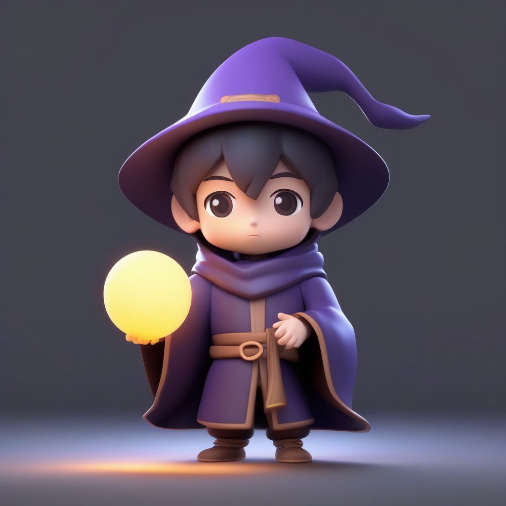 C4D魔法学徒Q版手办：全身站姿，微弱光球细节，纯色背景