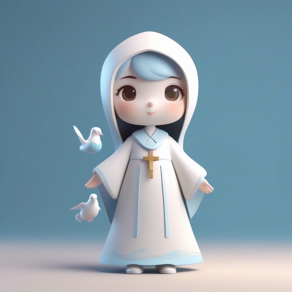 C4D天使修女：栖息着小鸽子的白色Q版盲盒手办渲染