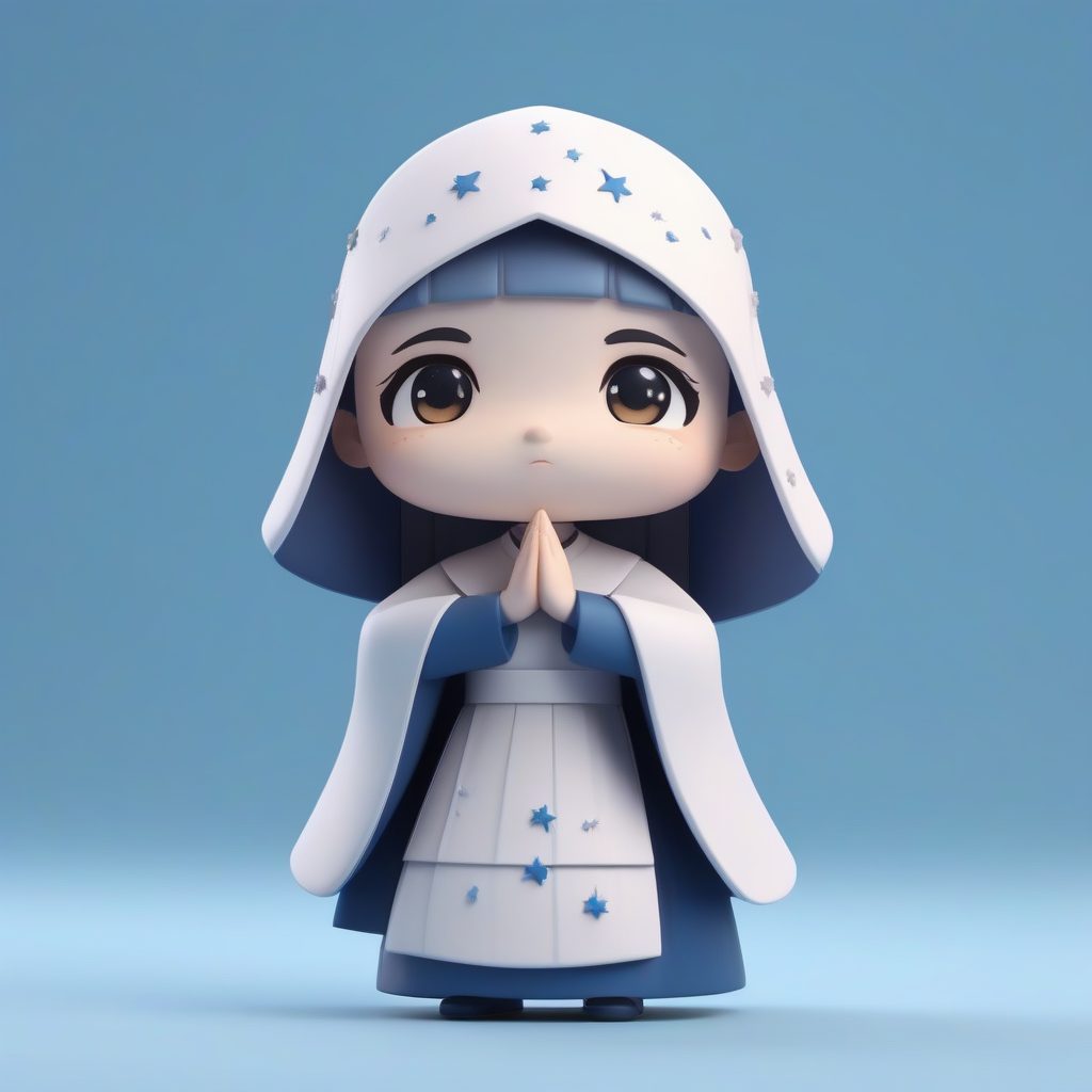 C4D星空修女：深蓝色星辰图案服饰的Q版盲盒全身像