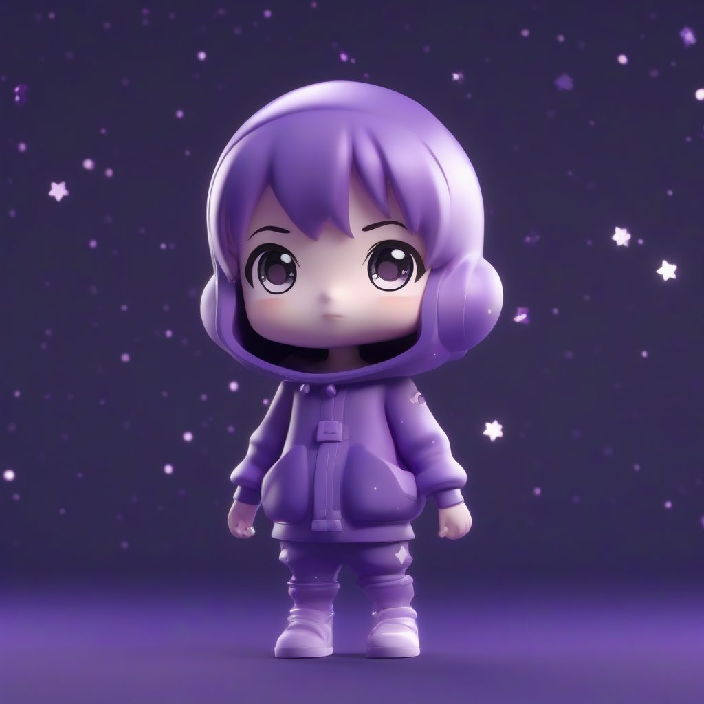 C4D星系之子Q版手办:漂浮动态,高光闪烁,纯暗紫色背景AI提示词 1 C4D星系之子Q版手办:漂浮动态,高光闪烁,纯暗紫色背景AI提示词