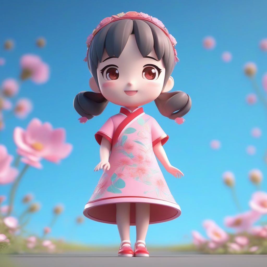 C4D渲染:活泼跳跃的粉色碎花旗袍Q版人偶 1 C4D渲染:活泼跳跃的粉色碎花旗袍Q版人偶