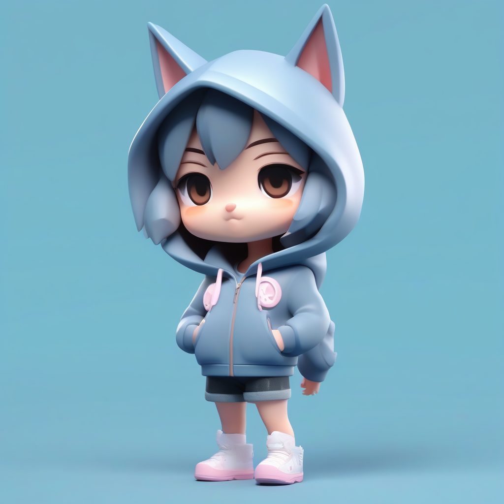 C4D渲染：街头潮流风狼耳娘Q版盲盒全身站立照