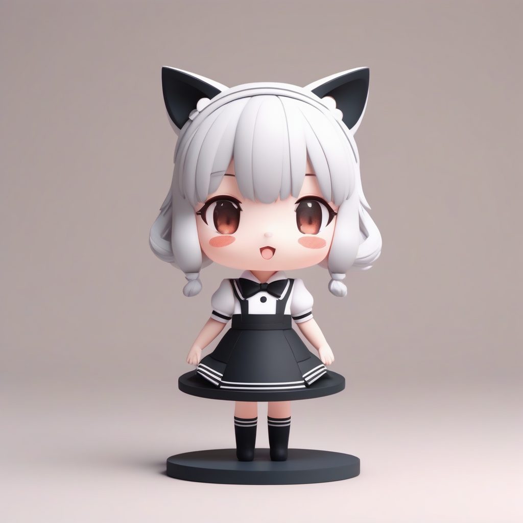C4D渲染盲盒：高细节黑猫女仆Q版手办全身站立照提示词