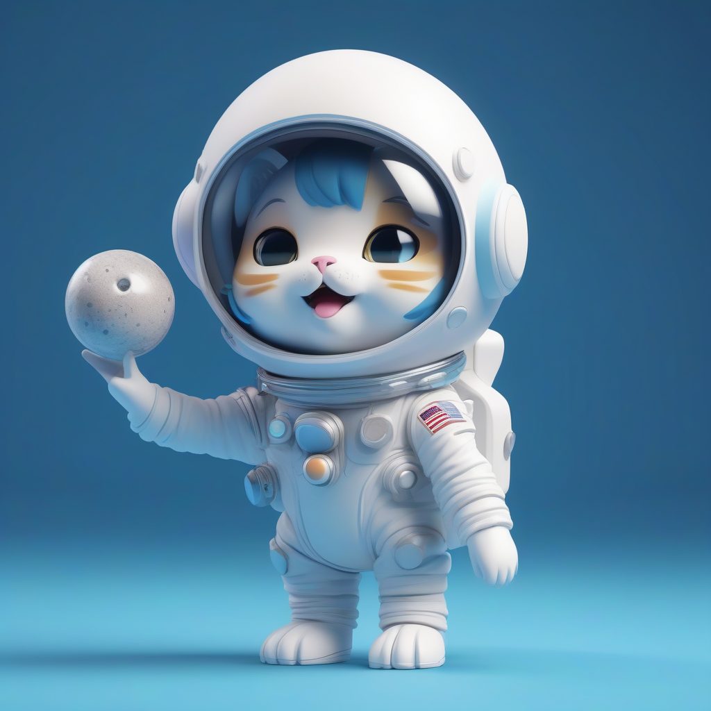 C4D渲染盲盒：太空猫宇航员Q版手办全身站立照，纯色蓝背景