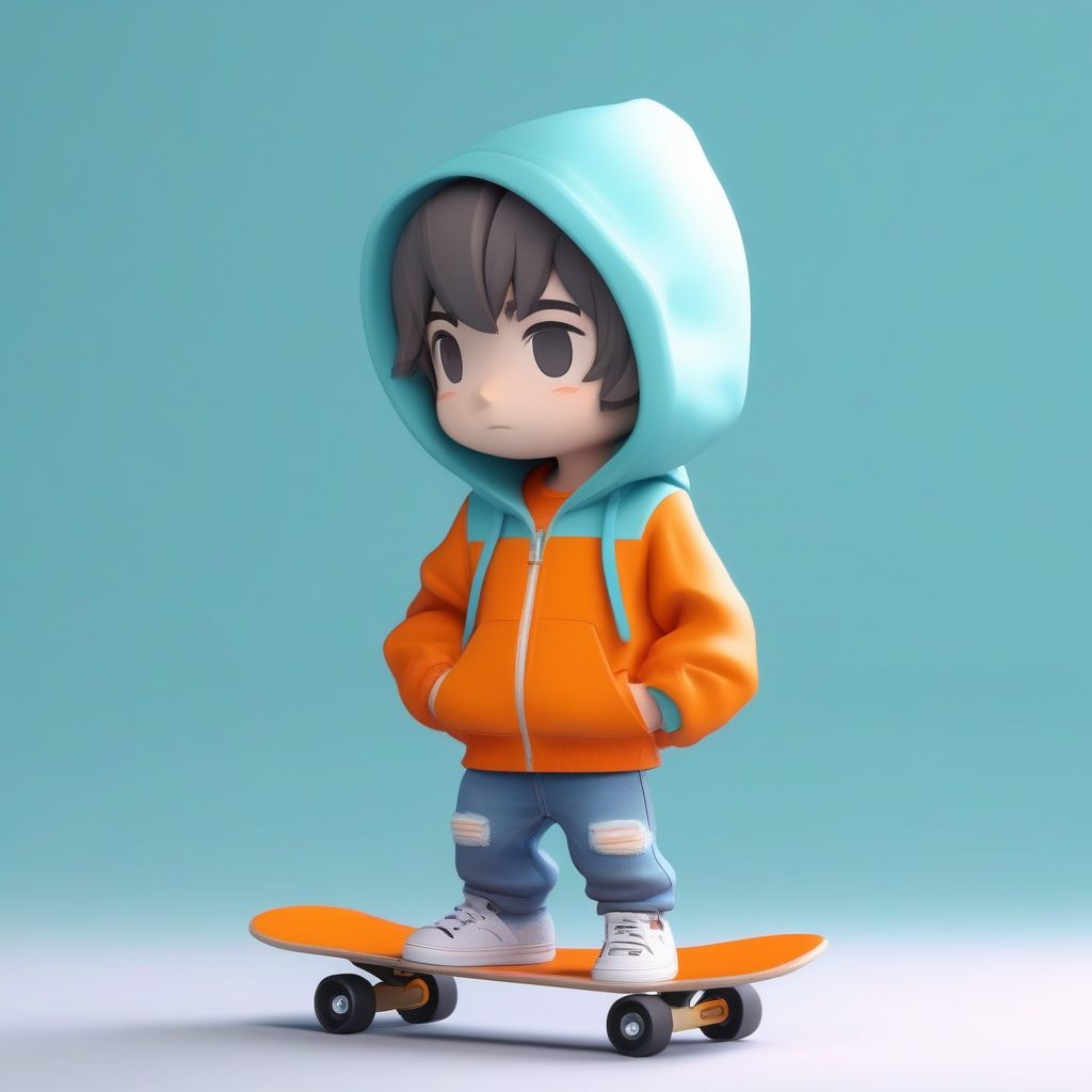C4D渲染Q版潮酷滑板男生：3D盲盒手办全身站立提示词