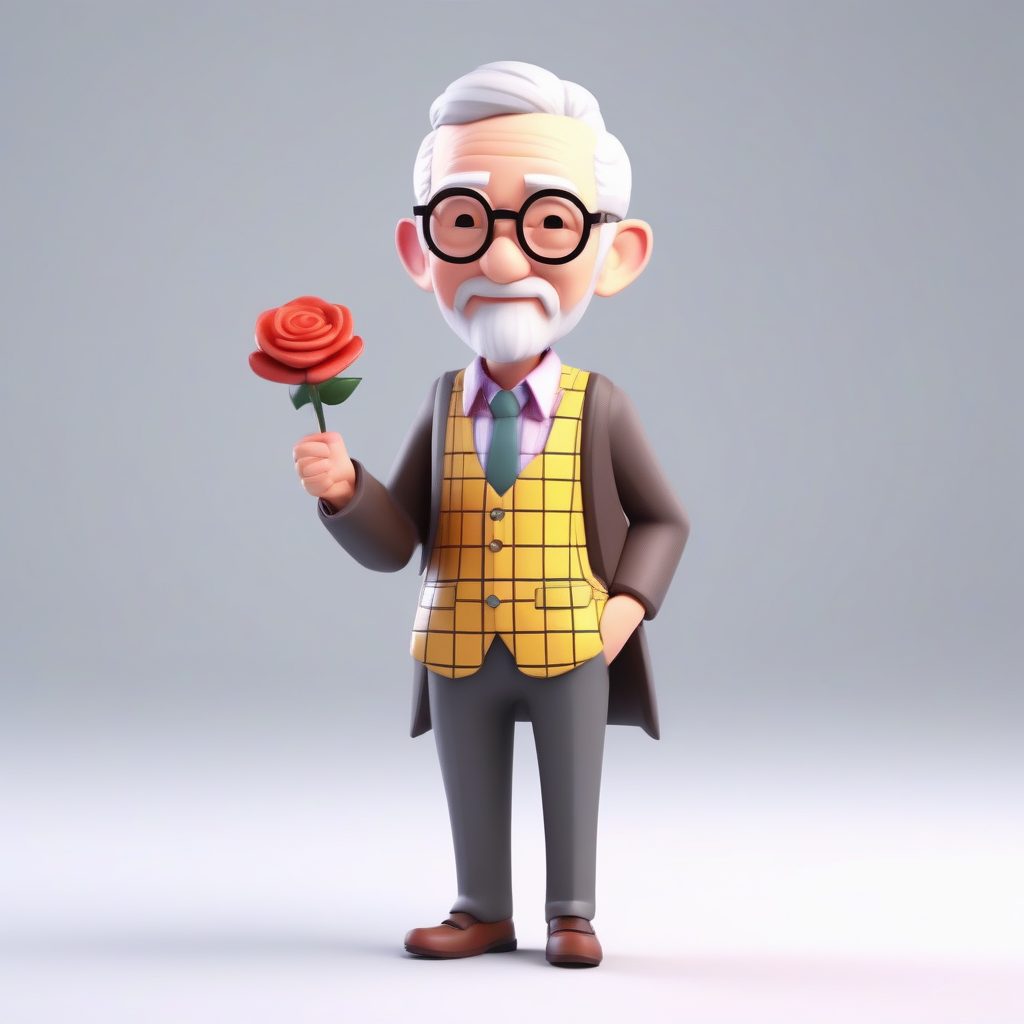 C4D渲染Q版慈祥爷爷：手捧玫瑰的盲盒站立手办