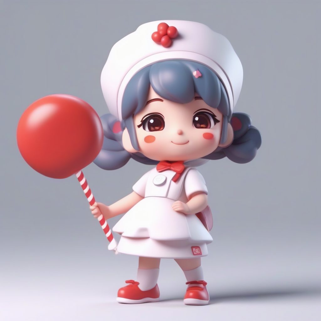 C4D渲染：Q版护士手中拿着棒棒糖，奖励糖果