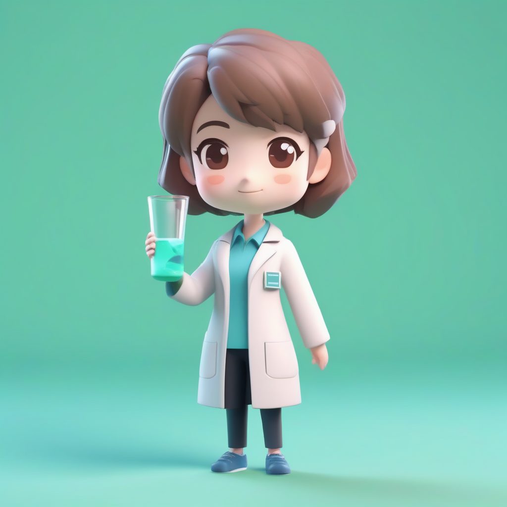 C4D渲染：Q版科学女教师，手持烧杯的3D盲盒全身照
