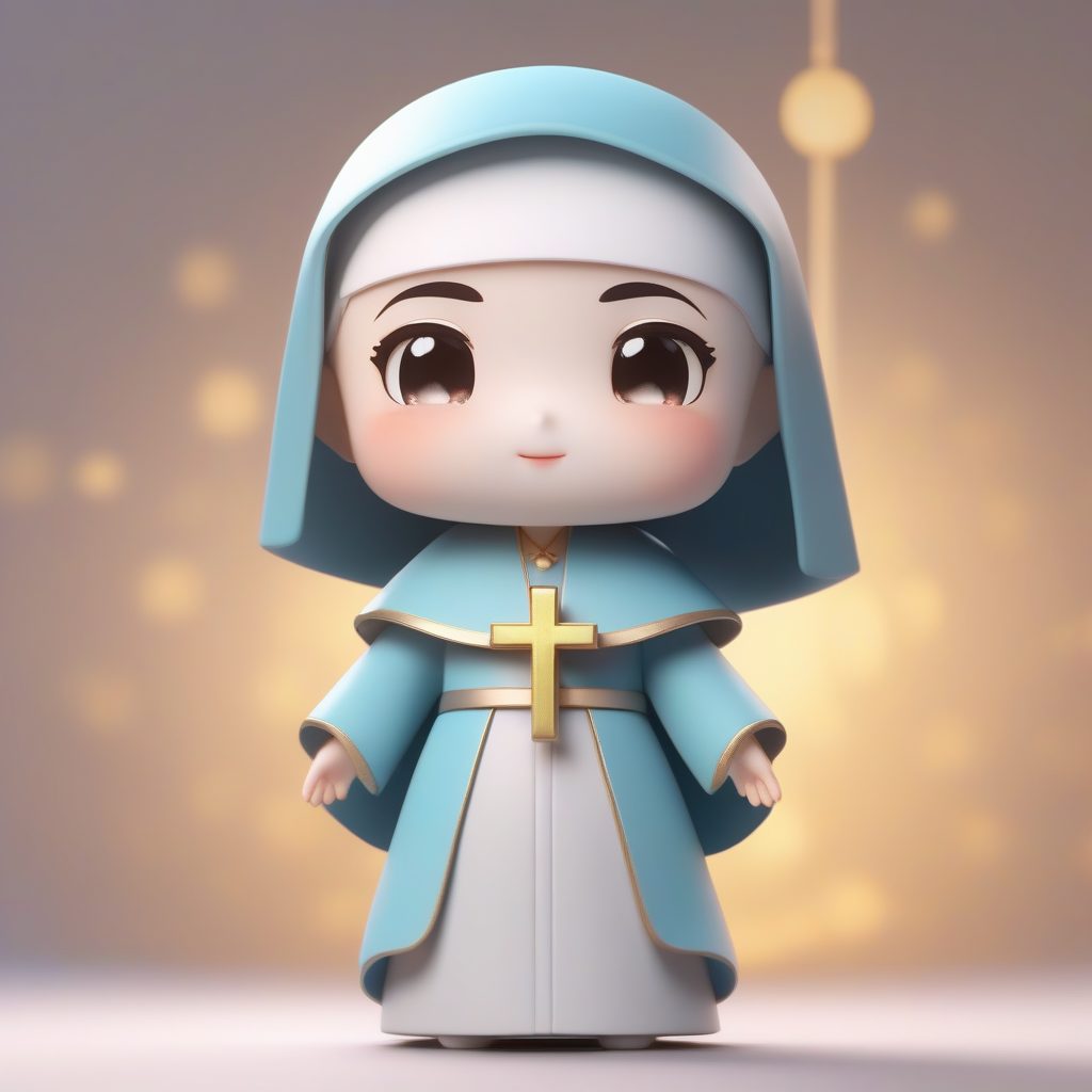 C4D渲染：Q版盲盒修女全身像，手持金色十字架的粘土手办设计