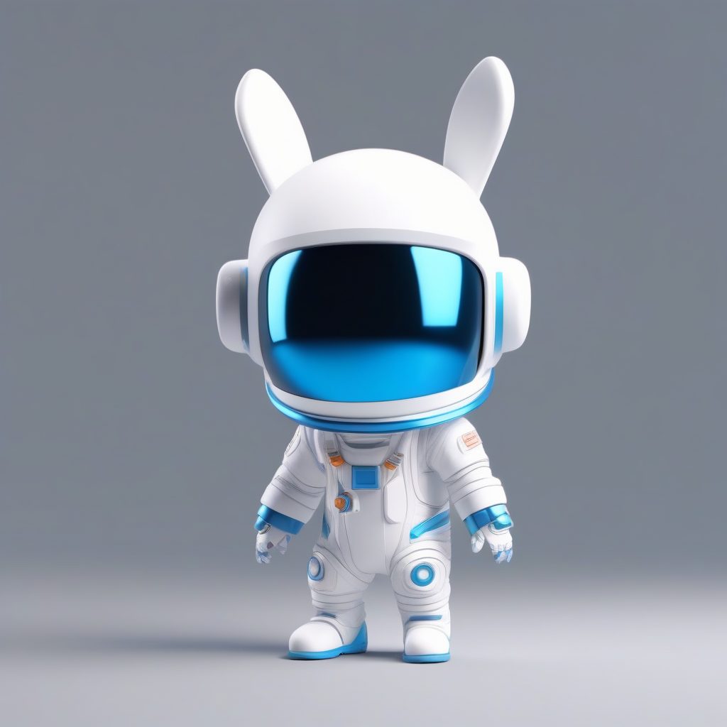 C4D渲染：Q版兔耳宇航员，未来感3D盲盒全身提示词