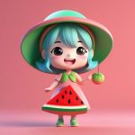 C4D渲染Q版西瓜女孩盲盒手办:全身站立,夏日主题纯色背景提示词 6 c4d xuan ran q ban xi gua nyu hai mang he shou ban quan shen zhan li xia ri zhu ti chun se bei jing