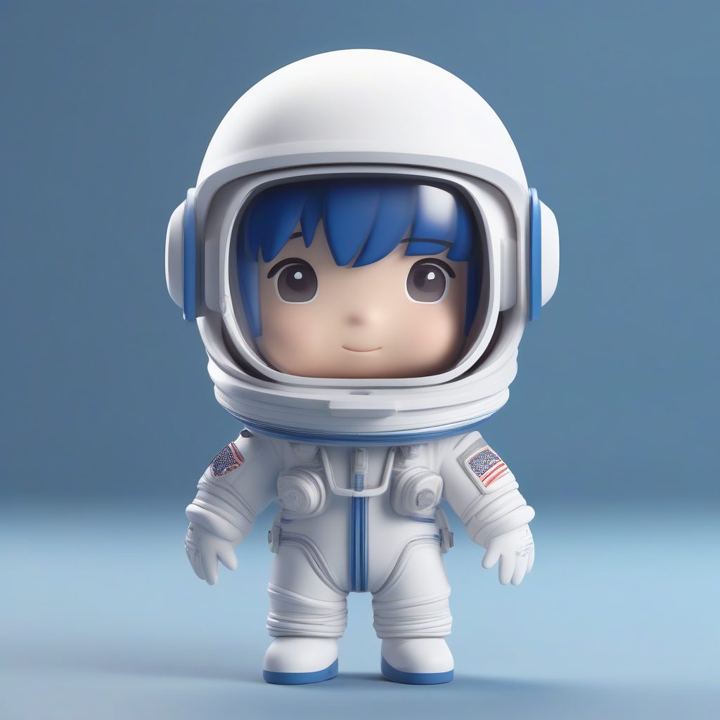 C4D渲染Q版宇航员盲盒：全身站姿高抛光3D模型，深蓝纯色背景