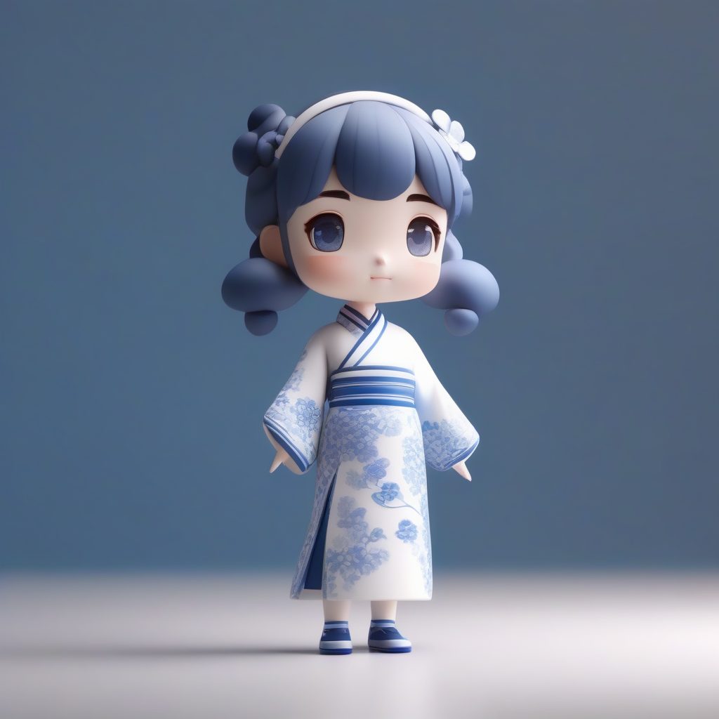 C4D渲染青花瓷旗袍少女：Q版盲盒手办全身站立照，柔和光照8K细节
