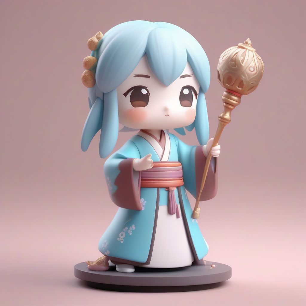 C4D渲染巫女盲盒：手持御币的Q版神社少女全身站立模型