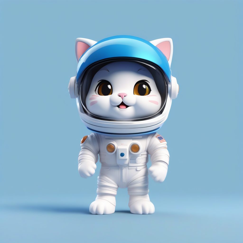 C4D渲染宇航员小猫：3D盲盒手办全身站立照，纯色深蓝背景提示词